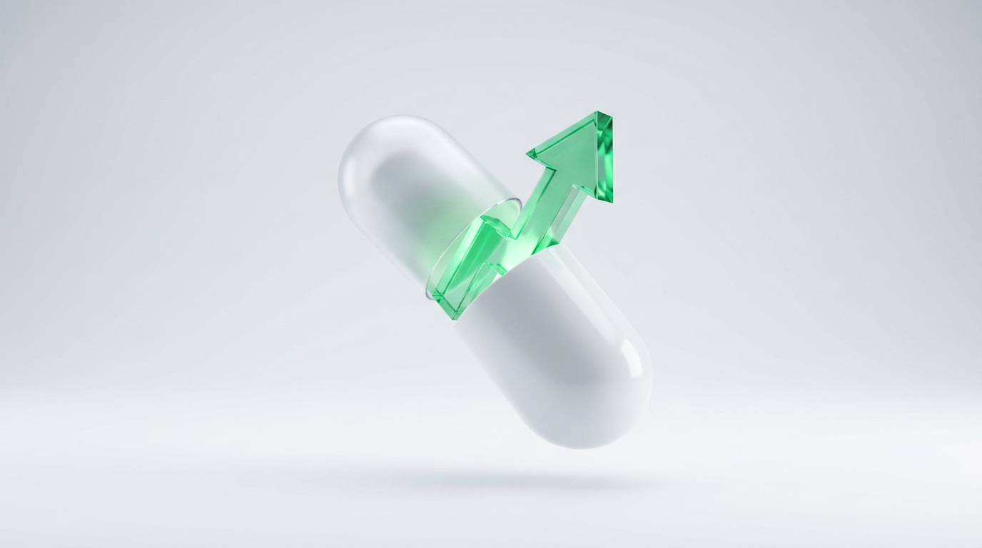 Cápsula médica 3D abriéndose para revelar una flecha de crecimiento financiero verde brillante.