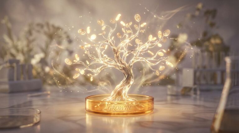 Planta surrealista creciendo explosivamente desde un plato de laboratorio, con hojas que sugieren prosperidad.