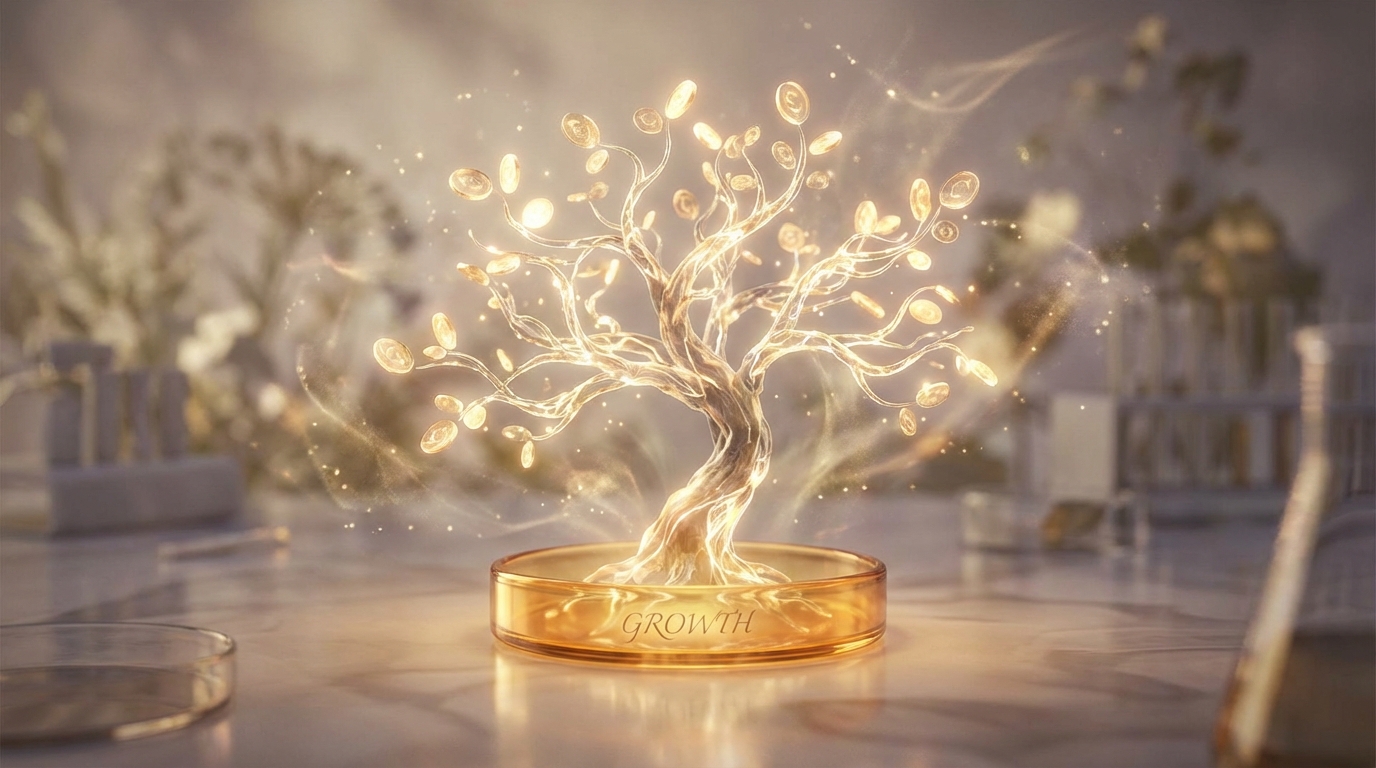 Planta surrealista creciendo explosivamente desde un plato de laboratorio, con hojas que sugieren prosperidad.