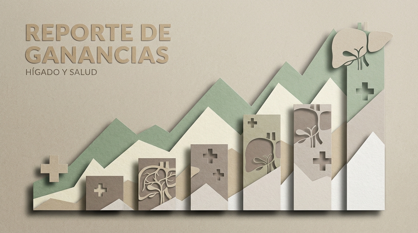 Collage de papel con capas de gráficos médicos y financieros subiendo como montañas.