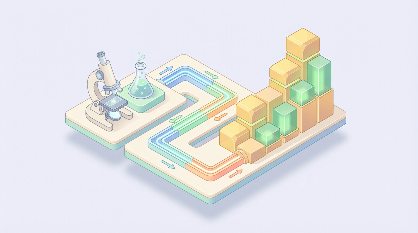 Diagrama isométrico mostrando el flujo desde la investigación científica hasta la inversión exitosa.
