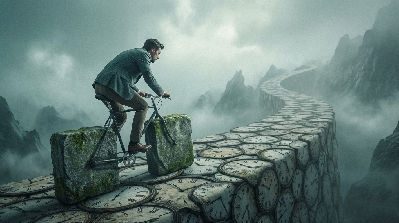 Hombre de negocios pedaleando con esfuerzo una bicicleta de ruedas cuadradas en una pendiente empinada, estilo surrealista.