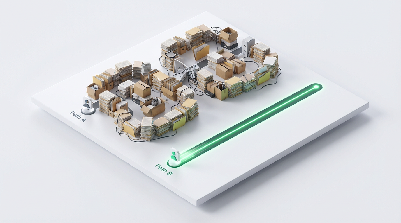 Comparación isométrica de dos flujos de trabajo: uno largo y complejo versus uno corto y eficiente.