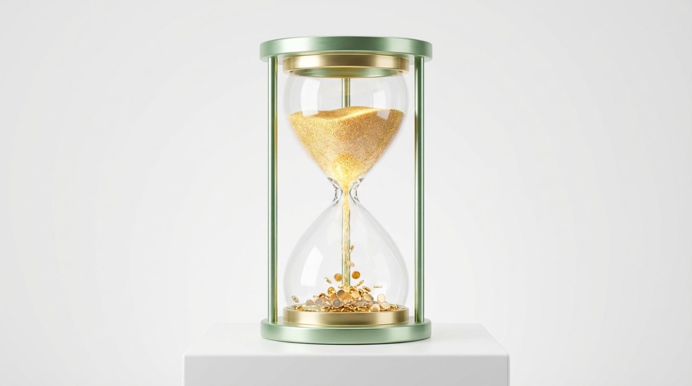 Reloj de arena 3D minimalista donde mucha arena cae pero se convierte en pocas monedas de oro.