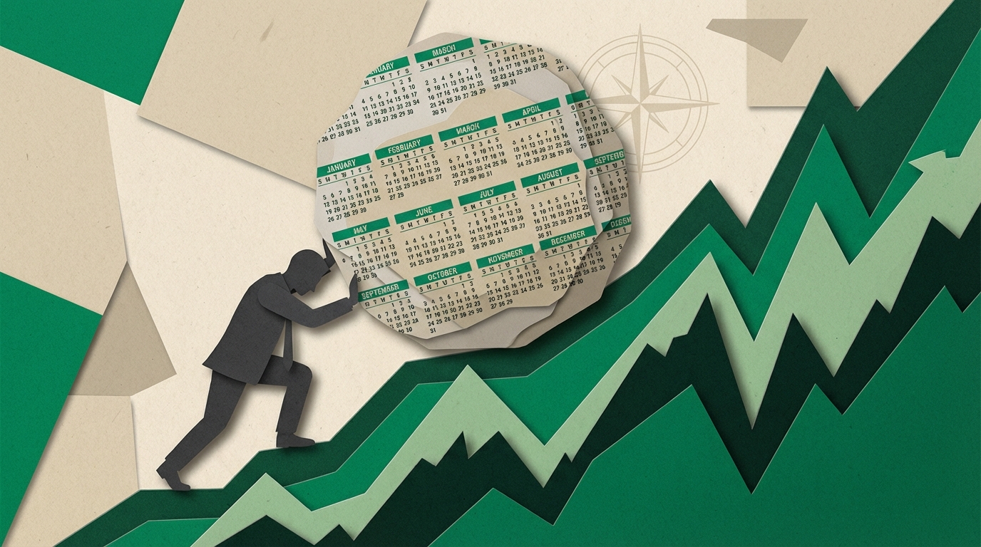 Collage estilo papel de una silueta humana empujando una roca gigante hecha de calendarios.