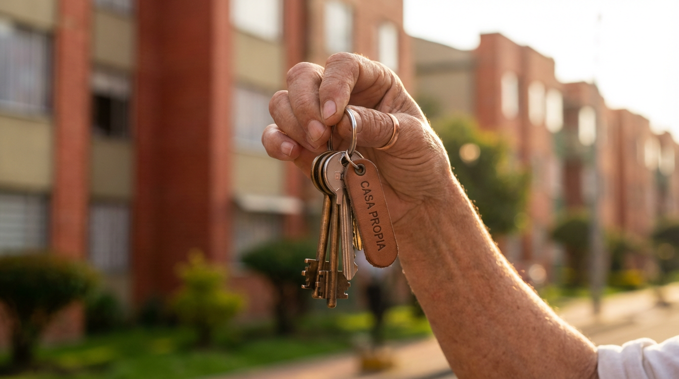 Primer plano de llaves de casa entregadas en mano con fondo de apartamentos de ladrillo estilo colombiano.