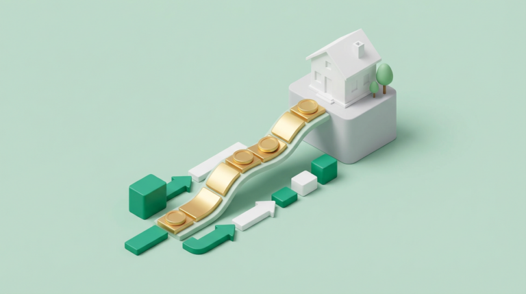 Diagrama isométrico que muestra el flujo de ahorro mensual construyendo una casa paso a paso.