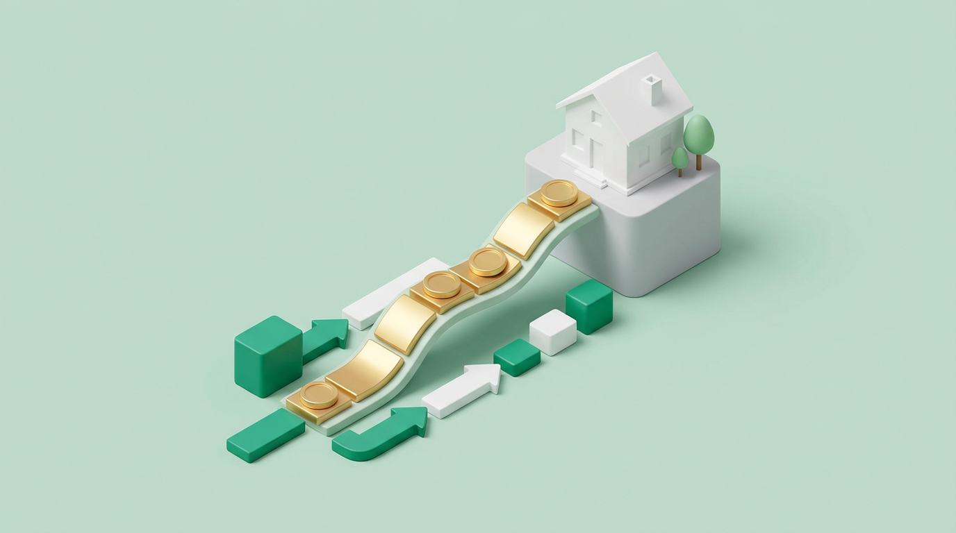 Diagrama isométrico que muestra el flujo de ahorro mensual construyendo una casa paso a paso.