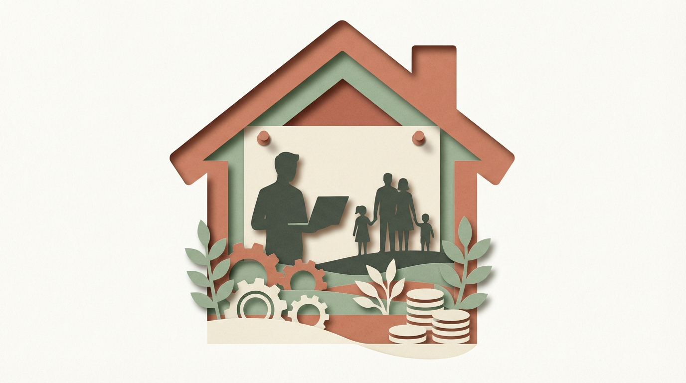 Collage estilo papel recortado que muestra a un trabajador independiente y una casa formándose con capas de papel.