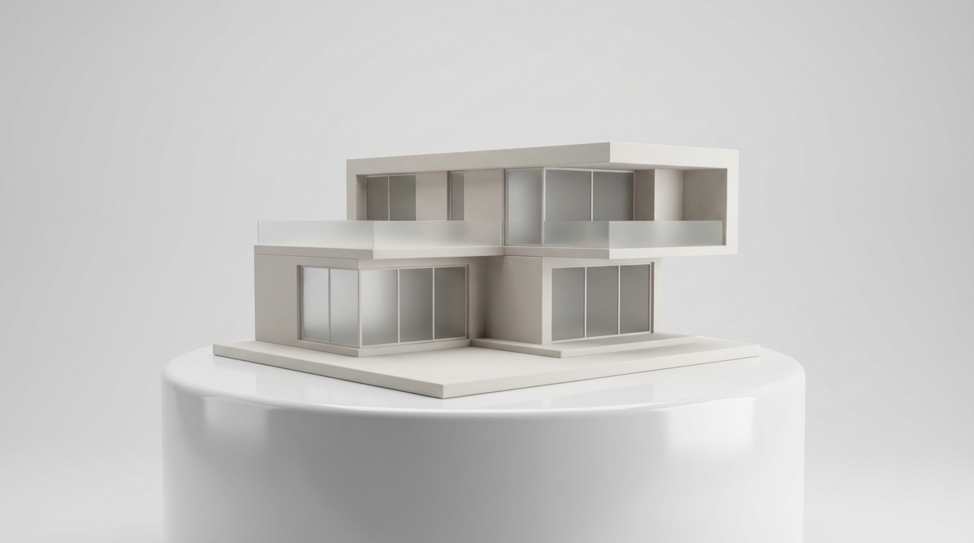 Escena 3D minimalista de una casa moderna equilibrada perfectamente sobre una base sólida, sin faltarle piezas.
