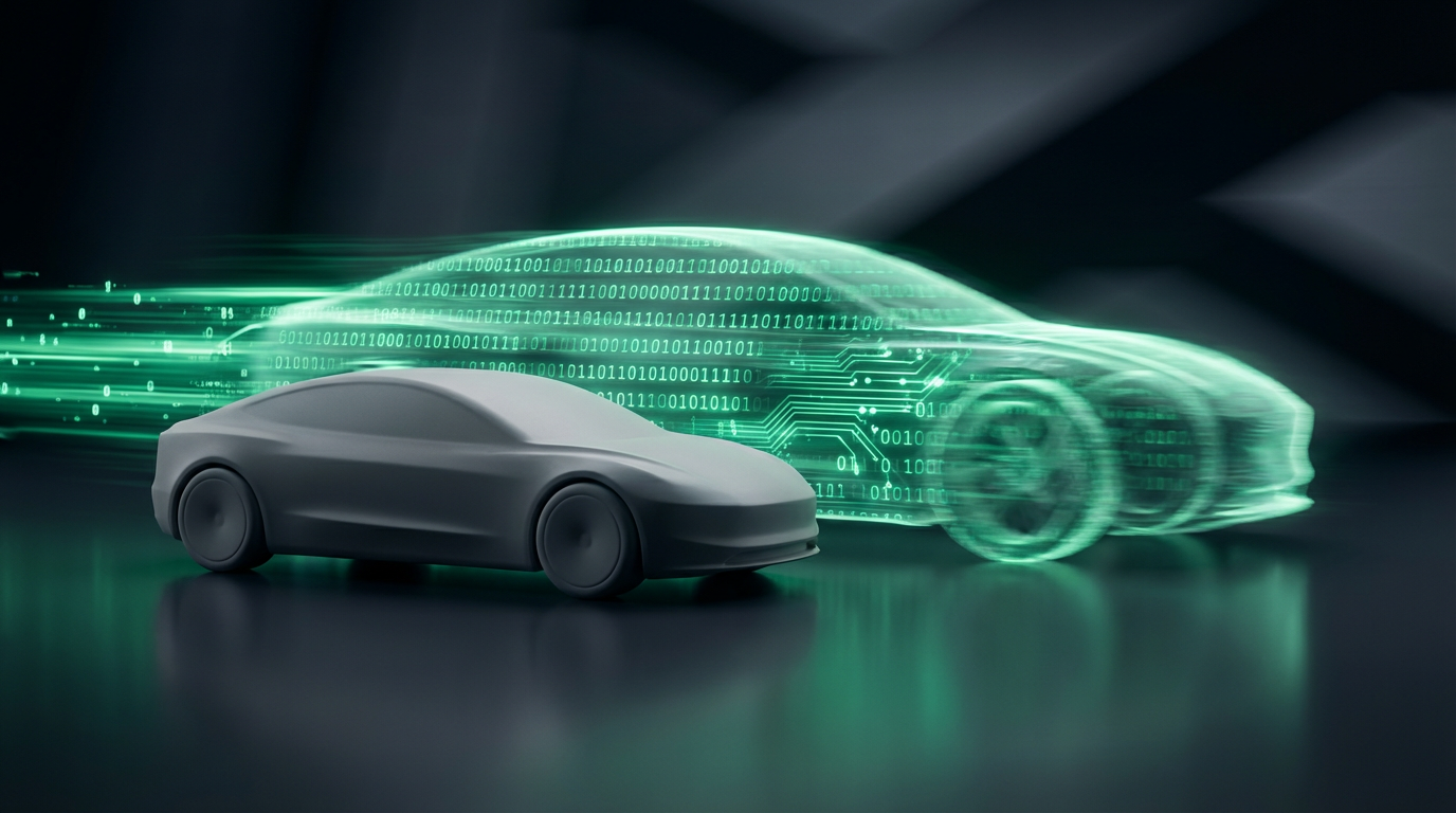 Imagen surrealista de un coche de juguete antiguo detenido mientras una estela de luz digital en forma de coche futurista lo adelanta a gran velocidad.