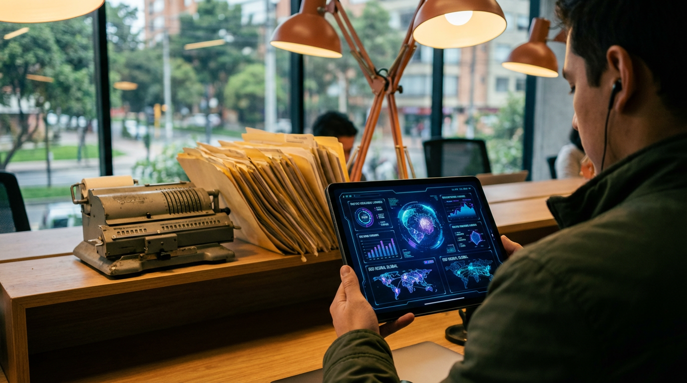 Profesional joven en espacio de trabajo moderno mirando una tablet con gráficos avanzados, con una calculadora vieja desenfocada al fondo.