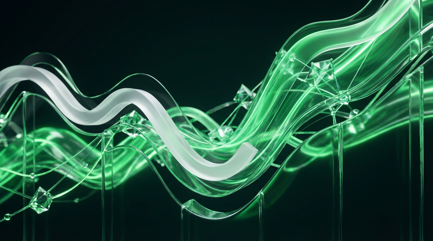 Paisaje abstracto de datos con líneas de vidrio que bajan y ondas verdes brillantes que suben, representando la competencia tecnológica.