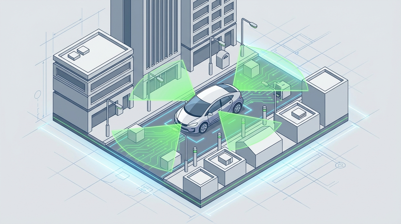Ilustración isométrica de un vehículo autónomo navegando una ciudad estilizada con conos de visión de sensores visibles.