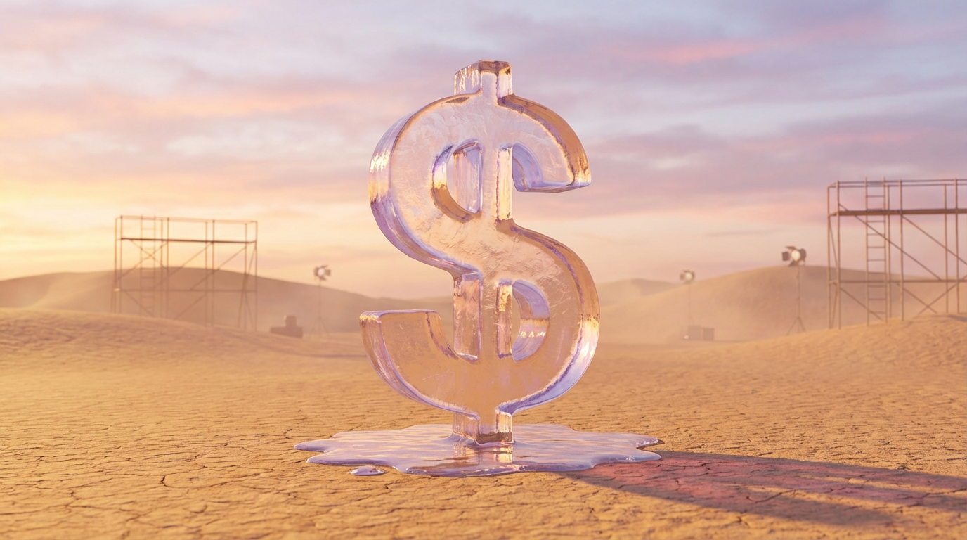 Ilustración surrealista de un signo de dólar hecho de hielo derritiéndose en un desierto, simbolizando una caída temporal.