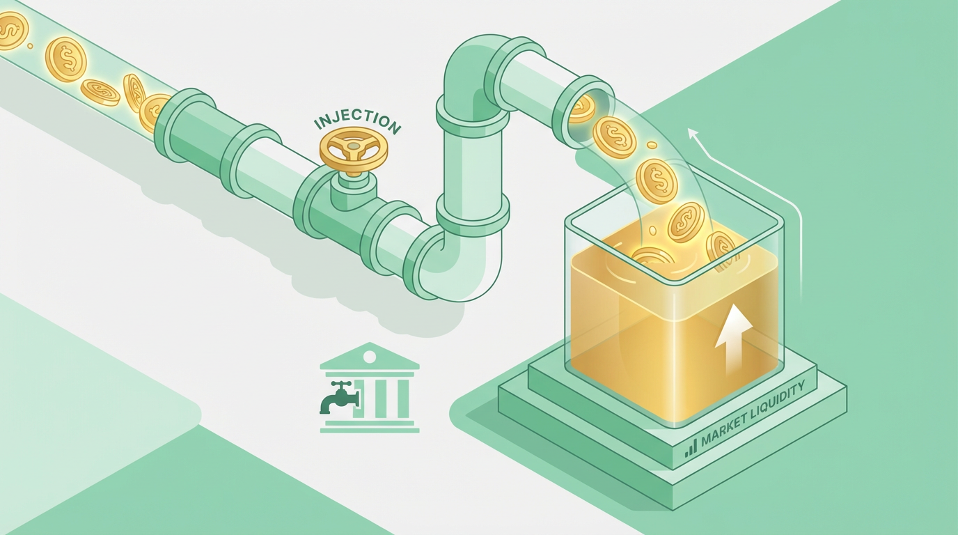 Diagrama isométrico que muestra un flujo de liquidez llenando un tanque financiero, representando la inyección del gobierno.