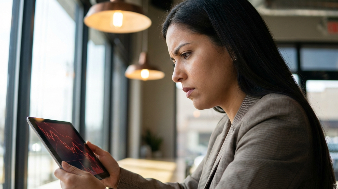 Fotografía de una mujer analizando gráficos financieros en una tablet con expresión reflexiva en un entorno urbano.