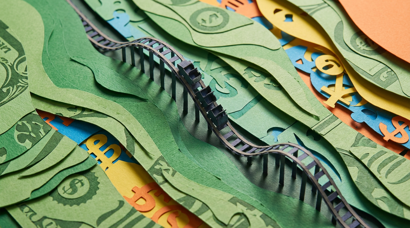 Collage estilo papel cortado que muestra una montaña rusa financiera descendiendo, con texturas de billetes.