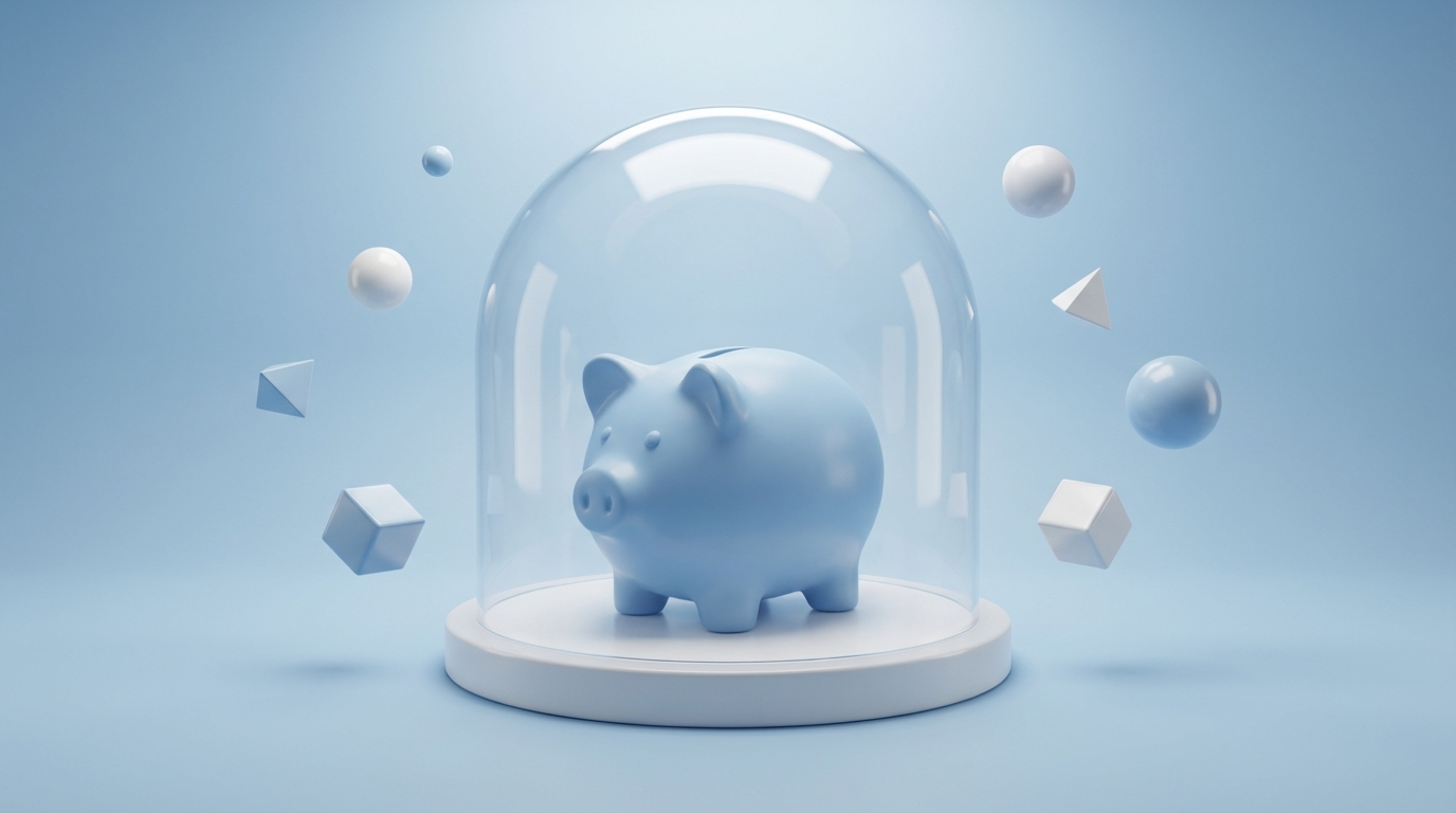 Bodegón 3D minimalista con una alcancía y un escudo protector de vidrio, simbolizando protección del ahorro.