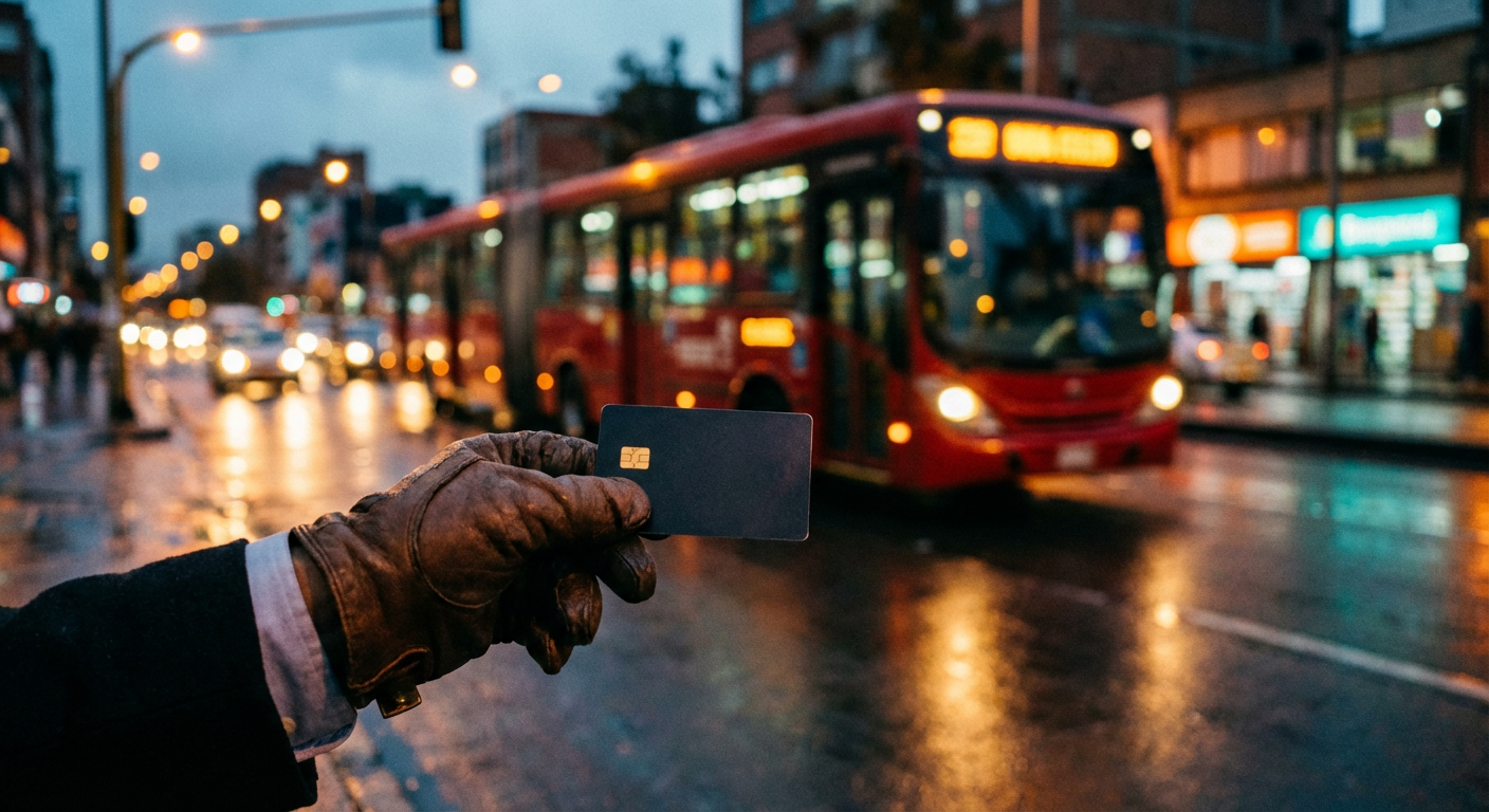 Mano sosteniendo una tarjeta de transporte con un bus rojo desenfocado al fondo en una ciudad moderna.