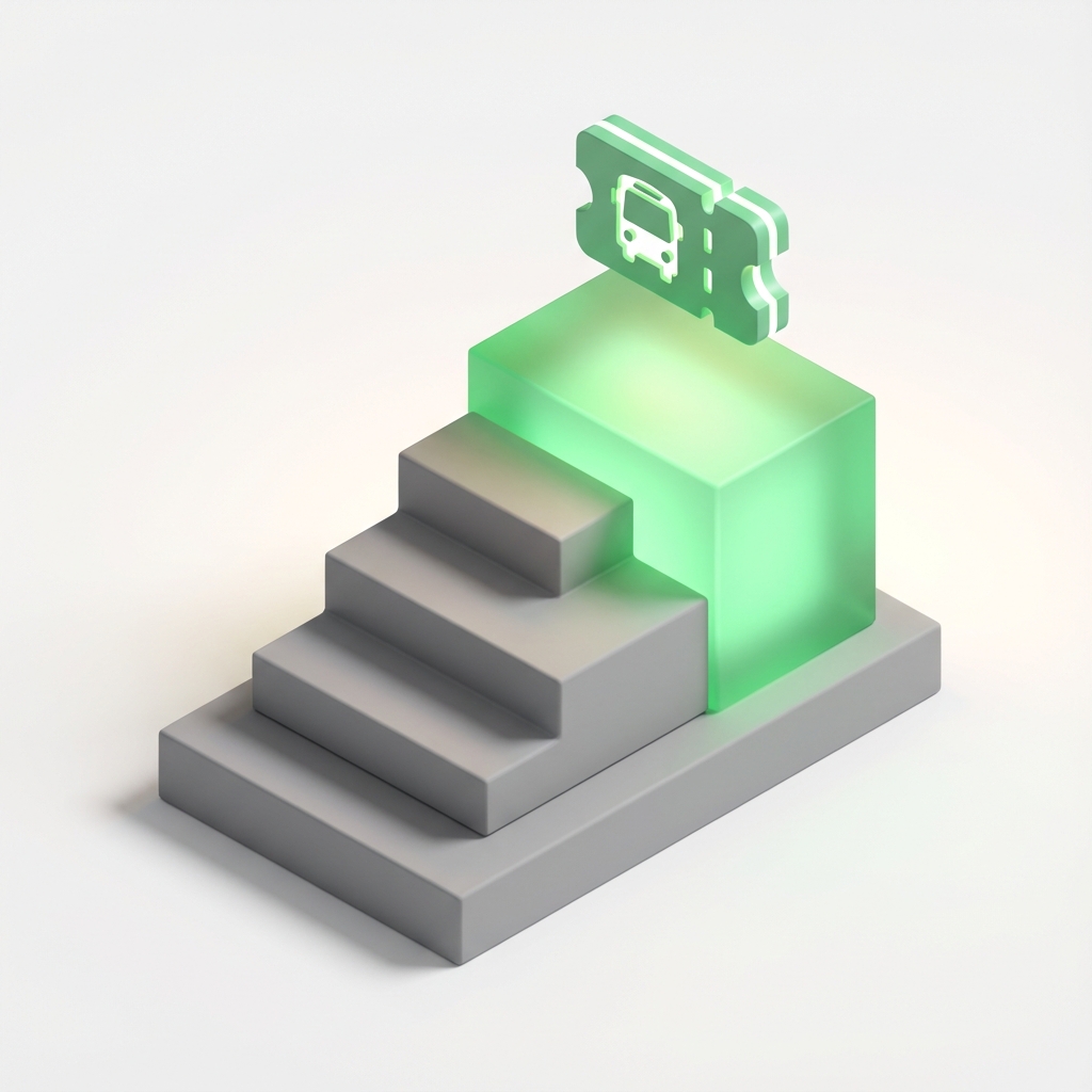 Gráfico isométrico de escalones salariales donde un nuevo nivel superior recibe un icono de transporte.