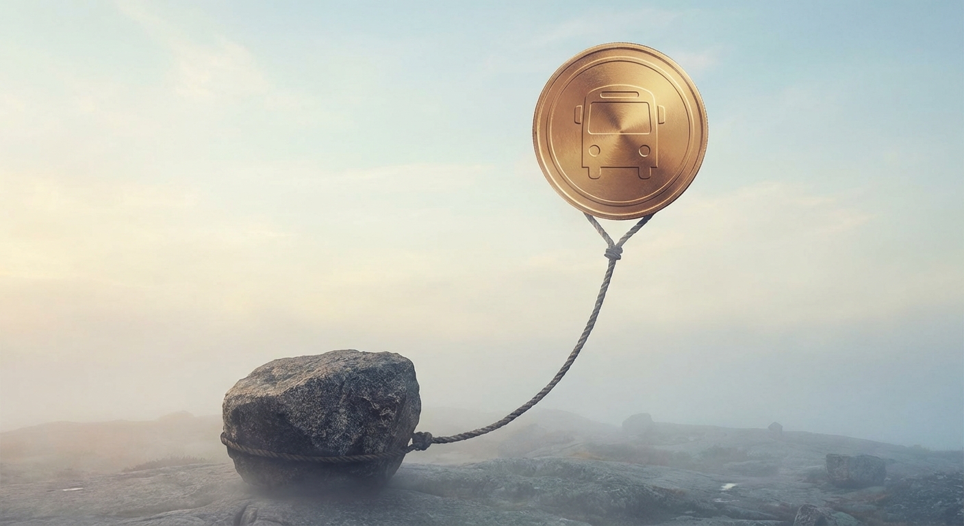 Una moneda dorada flotando como globo pero retenida por una roca pesada en un paisaje onírico.