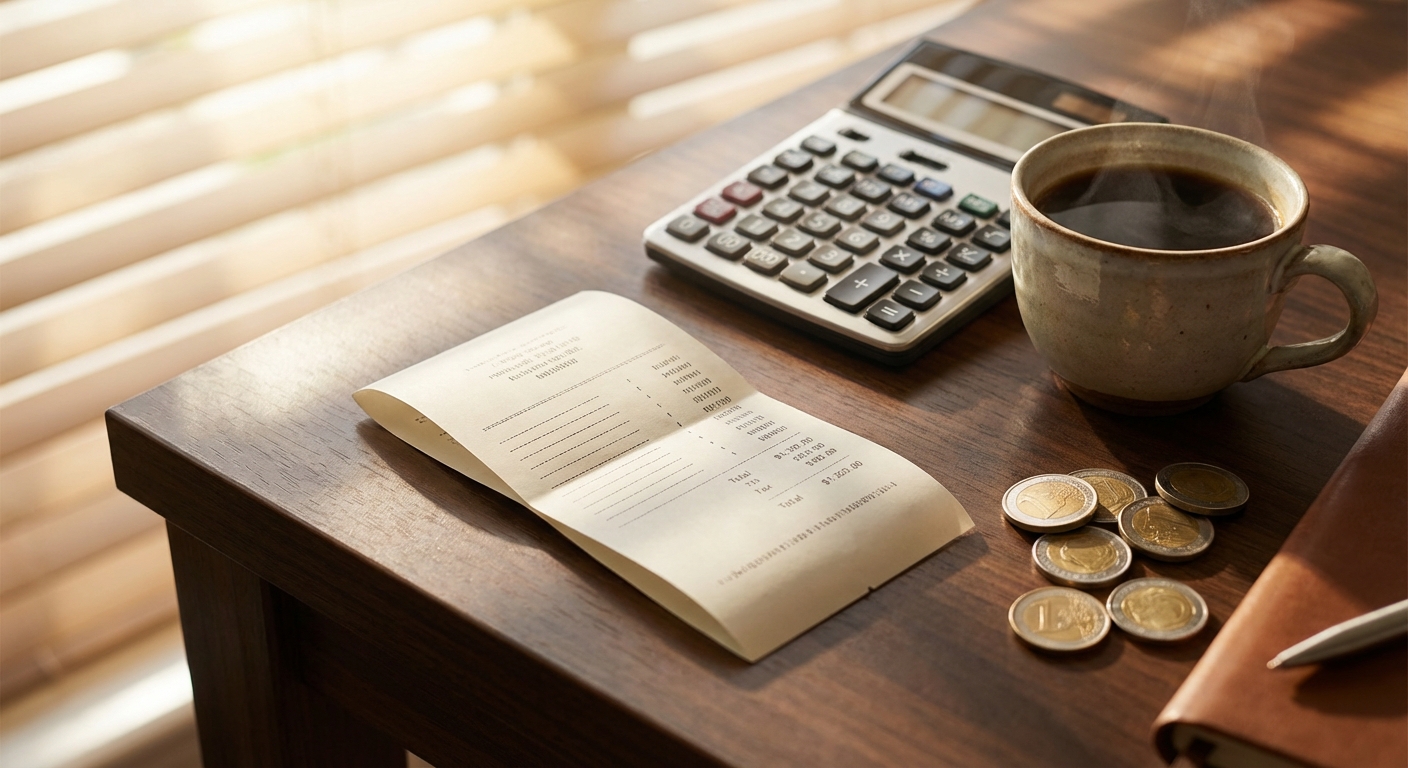 Escritorio organizado con un recibo de nómina, calculadora, monedas y café bajo luz matutina.