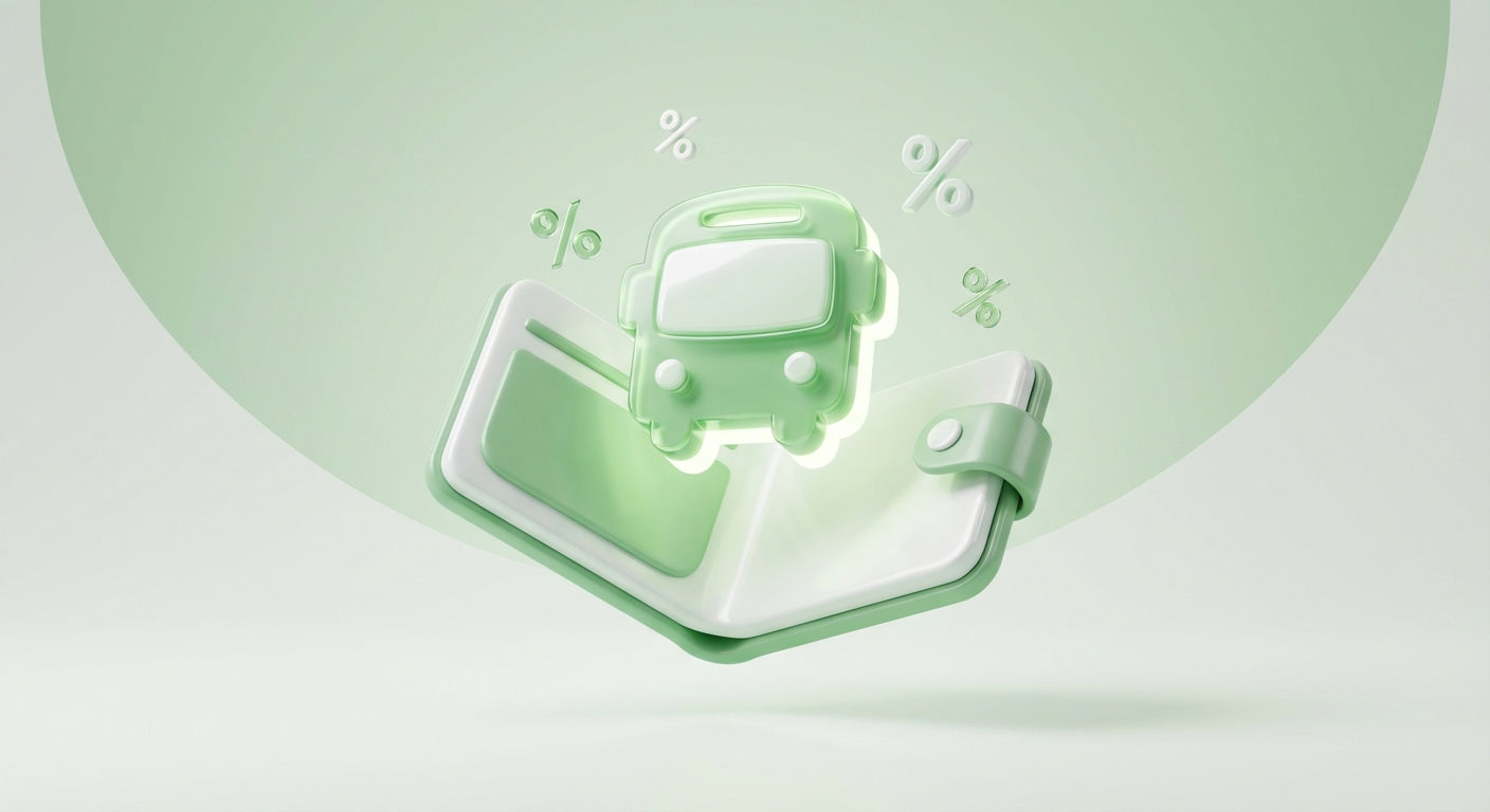Representación 3D minimalista de una billetera de la que emerge un icono de autobús brillante.