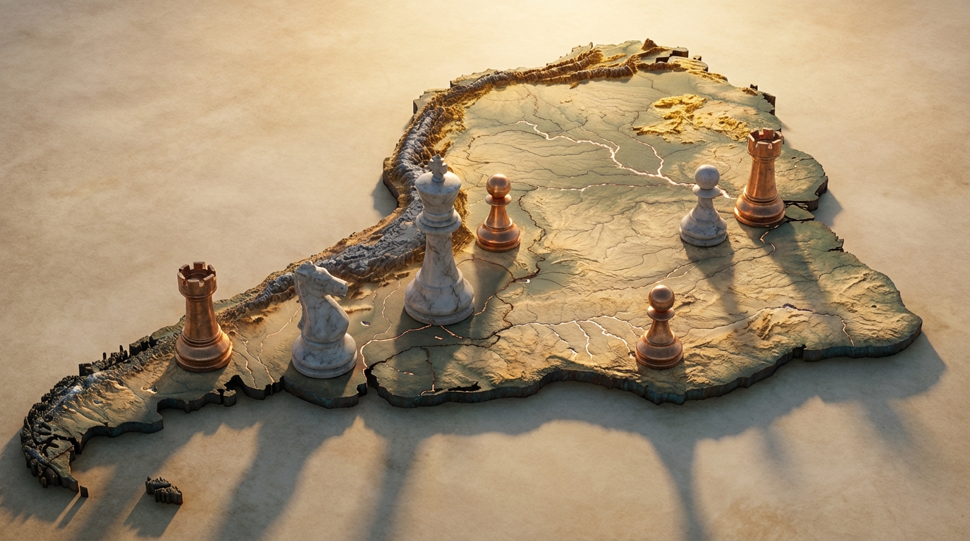 Piezas de ajedrez gigantes de piedra sobre un mapa estilizado de Sudamérica, representando estrategia geopolítica.