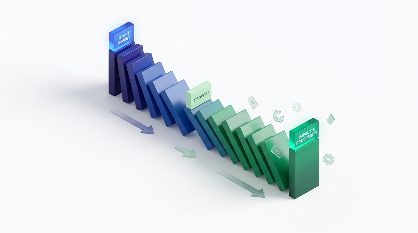 Diagrama isométrico de fichas de dominó cayendo en cadena, simbolizando el efecto económico.