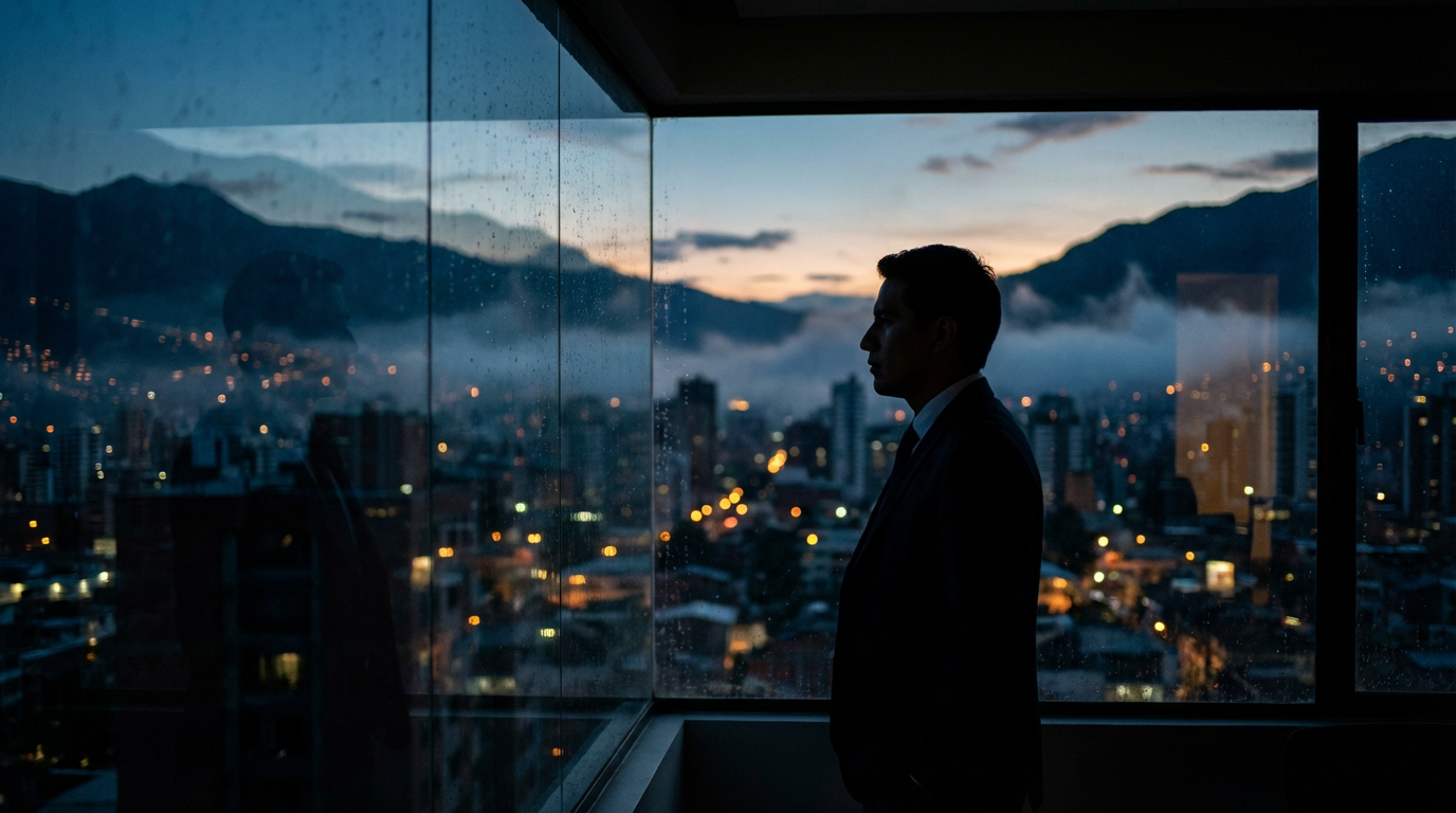Silueta de ejecutivo mirando un horizonte urbano andino con incertidumbre y reflexión.