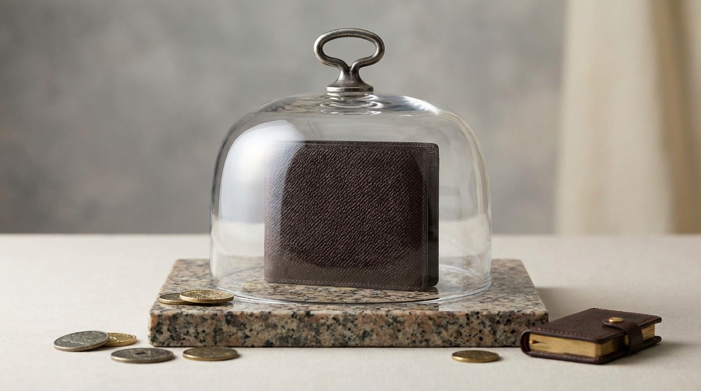 Bodegón de una billetera de cuero protegida bajo una cúpula de cristal.