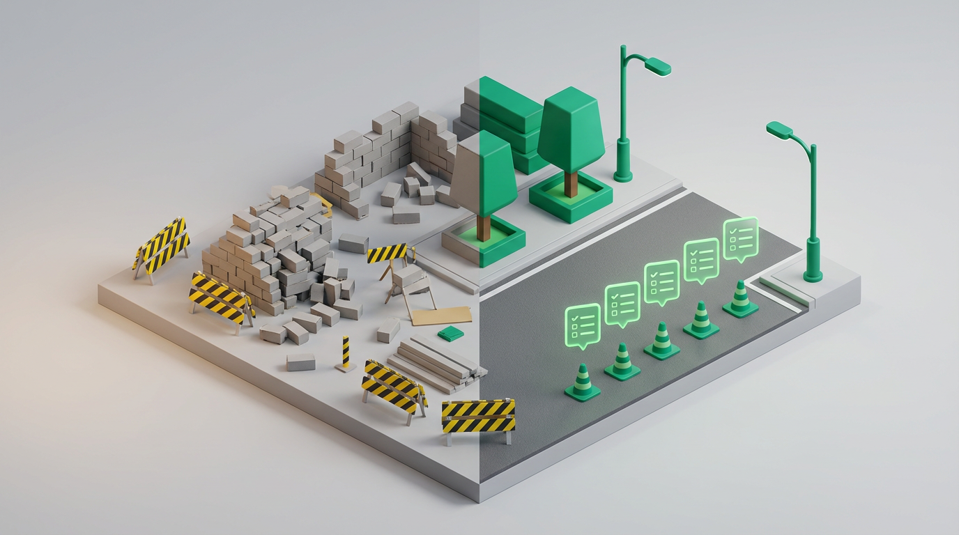 Ilustración isométrica de una calle en construcción transformándose en una vía ordenada y limpia.