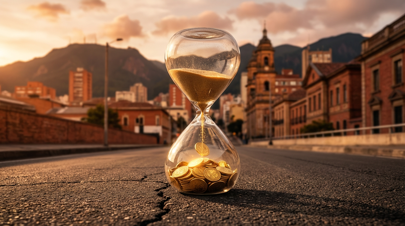 Reloj de arena sobre asfalto donde la arena se convierte en monedas de oro, simbolizando tiempo y dinero.