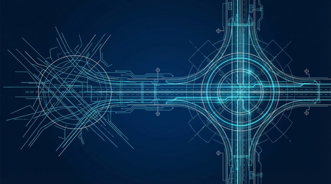 Plano técnico digital brillante que muestra la estructura de un puente o vía conectando dos puntos.
