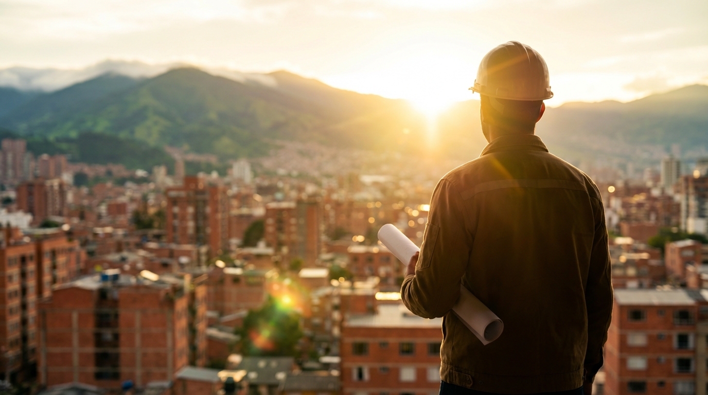 Fotografía de un ingeniero mirando el amanecer sobre una ciudad de ladrillo tipo Bogotá.