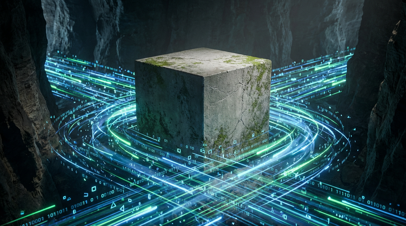 Un cubo de concreto sólido e inmóvil rodeado por un flujo digital rápido y brillante que representa el movimiento del mercado.