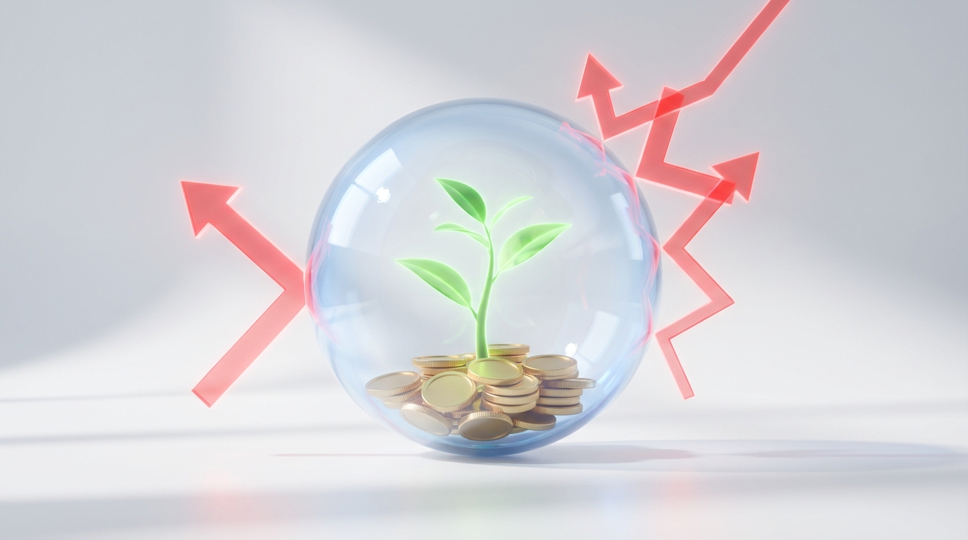 Esfera de vidrio protectora cubriendo una pequeña planta que crece sobre monedas, desviando flechas rojas abstractas.