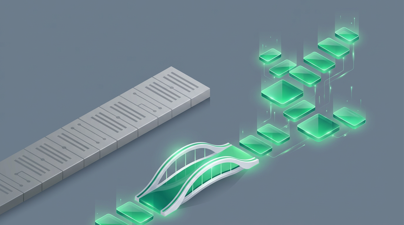 Vista isométrica de dos caminos financieros: uno plano y gris, y otro ascendente y brillante, conectados por un puente.