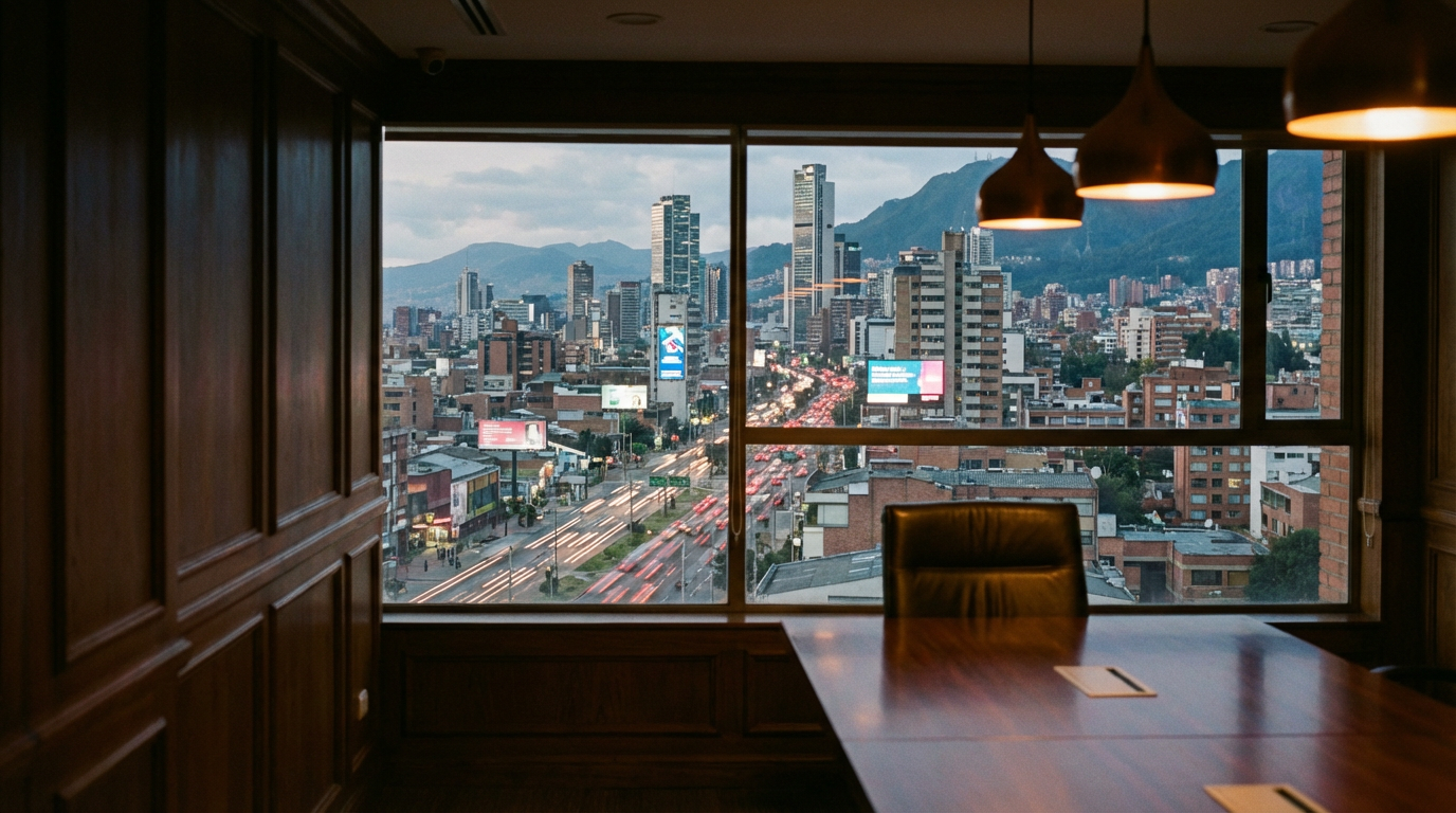 Fotografía desde una oficina tranquila con vista a una ciudad vibrante y veloz al atardecer.