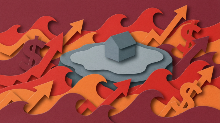 Collage de papel mostrando capas de olas subiendo amenazando una estructura sólida.