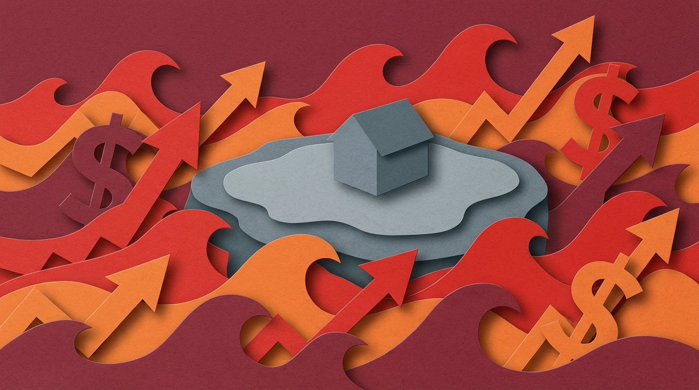 Collage de papel mostrando capas de olas subiendo amenazando una estructura sólida.