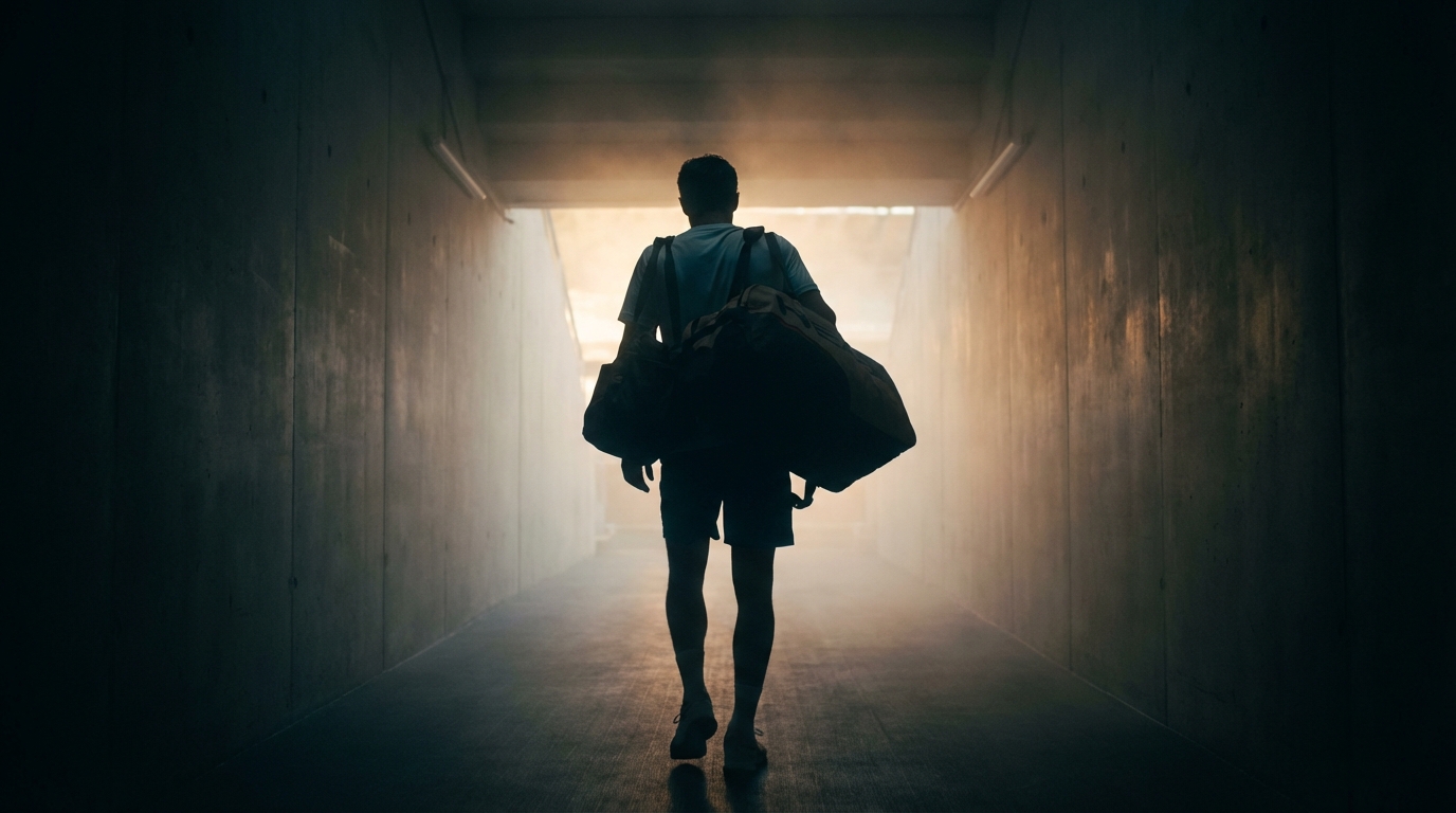 Silueta de tenista en túnel de estadio llevando bolso deportivo grande, iluminación dramática.