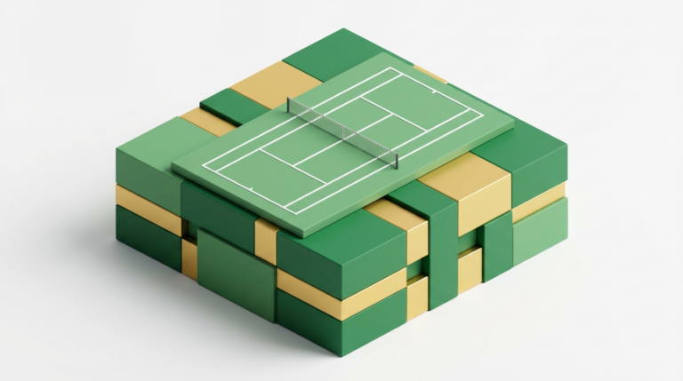 Diagrama isométrico de una cancha de tenis sobre una base sólida de bloques financieros verdes.