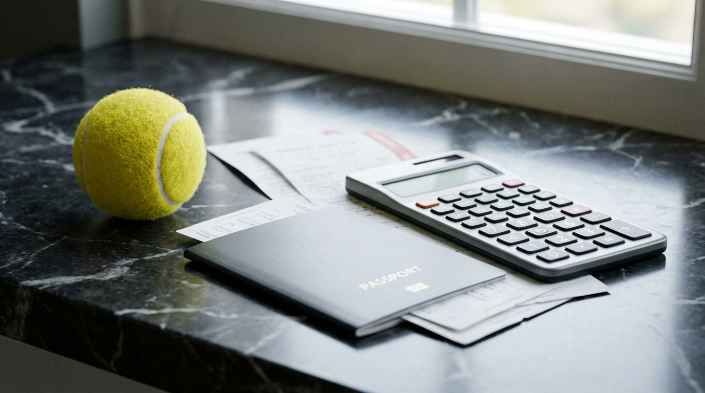 Bodegón premium con pelota de tenis, pasaporte genérico y calculadora sobre superficie elegante.