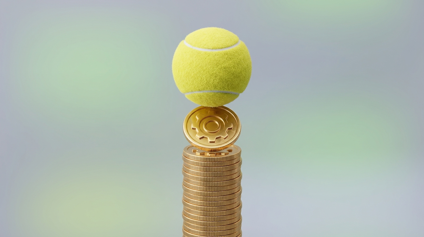 Una pelota de tenis equilibrada perfectamente sobre una columna de monedas de oro minimalistas.