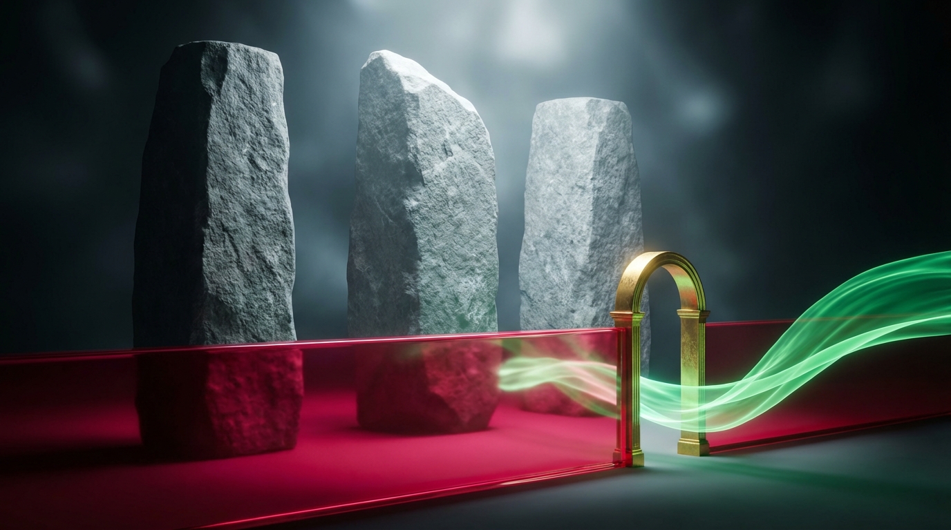 Bloques grises grandes detenidos por una barrera roja mientras un flujo verde pasa libremente por una puerta abierta.