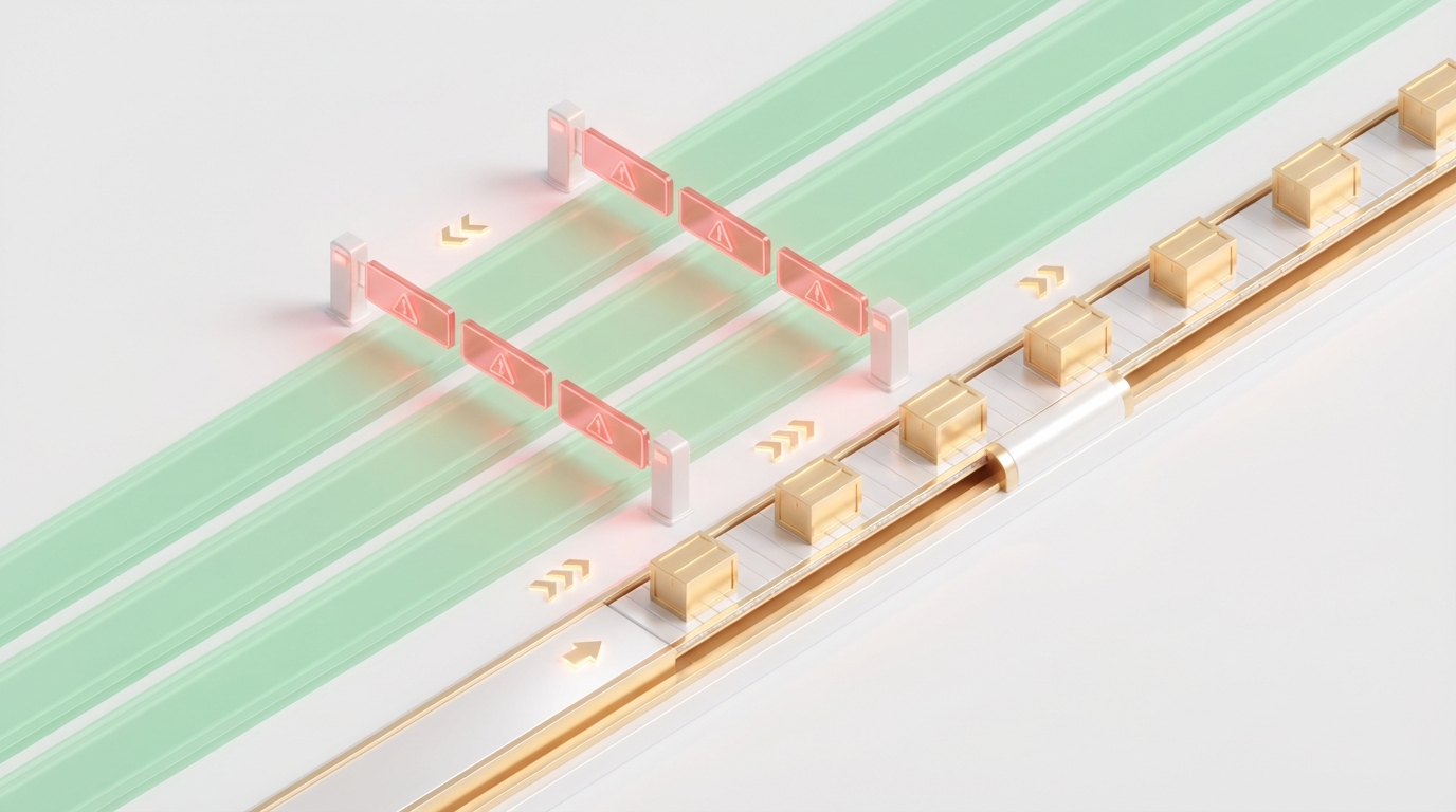 Diagrama isométrico de logística mostrando carriles bloqueados y un carril fluido con cajas doradas.