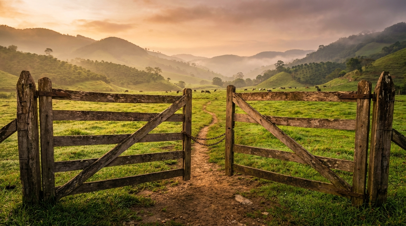 Paisaje de campo colombiano al amanecer con una puerta de madera abierta en primer plano.