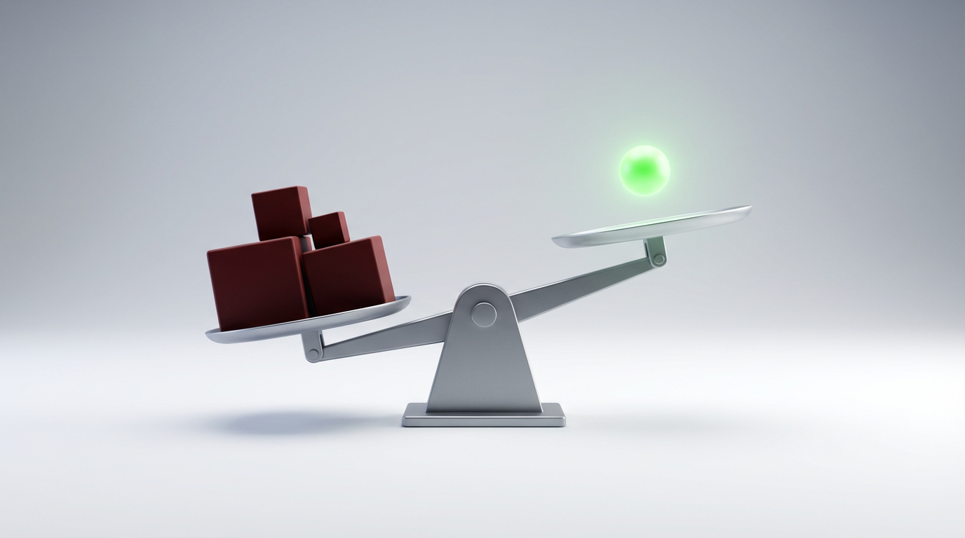 Balanza 3D minimalista donde una esfera verde pequeña pesa más que cubos rojos grandes.